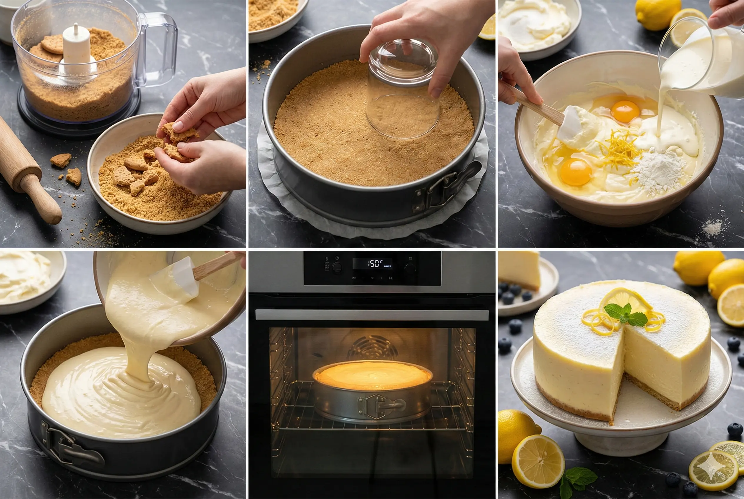 Le Processus : Obtenir la Pâte Soyeuse Une pâte épaisse, brillante et jaune pâle au citron et au mascarpone est versée délicatement d'un bol mélangeur dans un moule à charnière rond. La pâte se dépose uniformément sur une base de croûte de biscuits dorée et précuite.