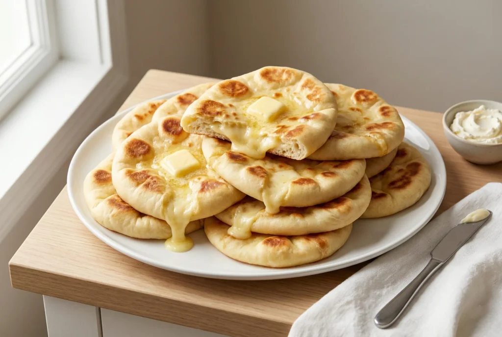 Grande assiette blanche remplie d'une pile de Naans Moelleux au Fromage dorés et chauds, badigeonnés de beurre fondu, près d'une fenêtre.