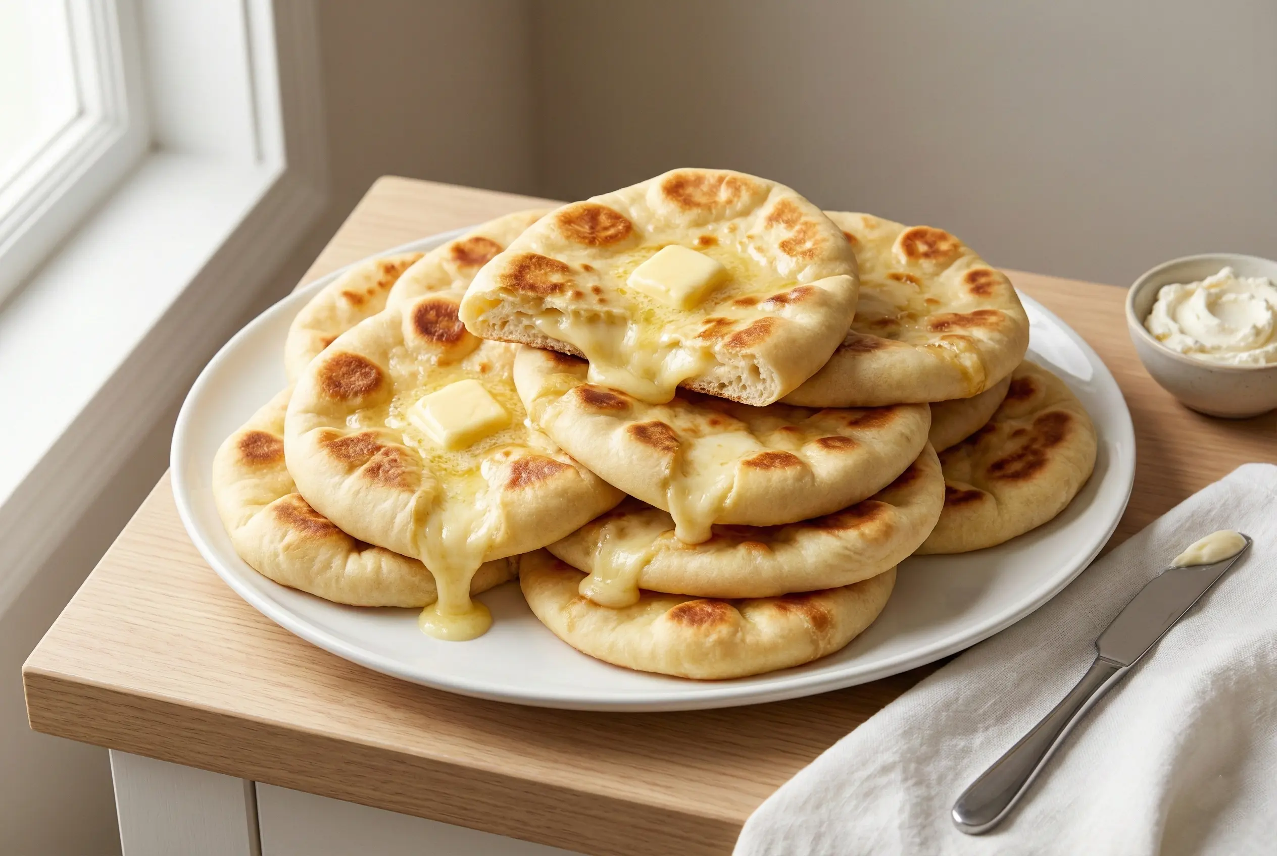Grande assiette blanche remplie d'une pile de Naans Moelleux au Fromage dorés et chauds, badigeonnés de beurre fondu, près d'une fenêtre.