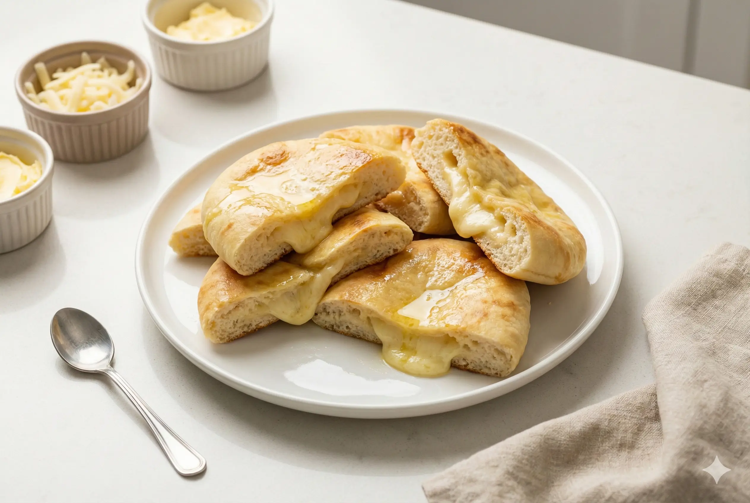 Pile-Naans-Moelleux-Fromage-Beurre-Fondu Grande assiette blanche remplie d'une pile de Naans Moelleux au Fromage dorés et chauds, badigeonnés de beurre fondu, près d'une fenêtre.