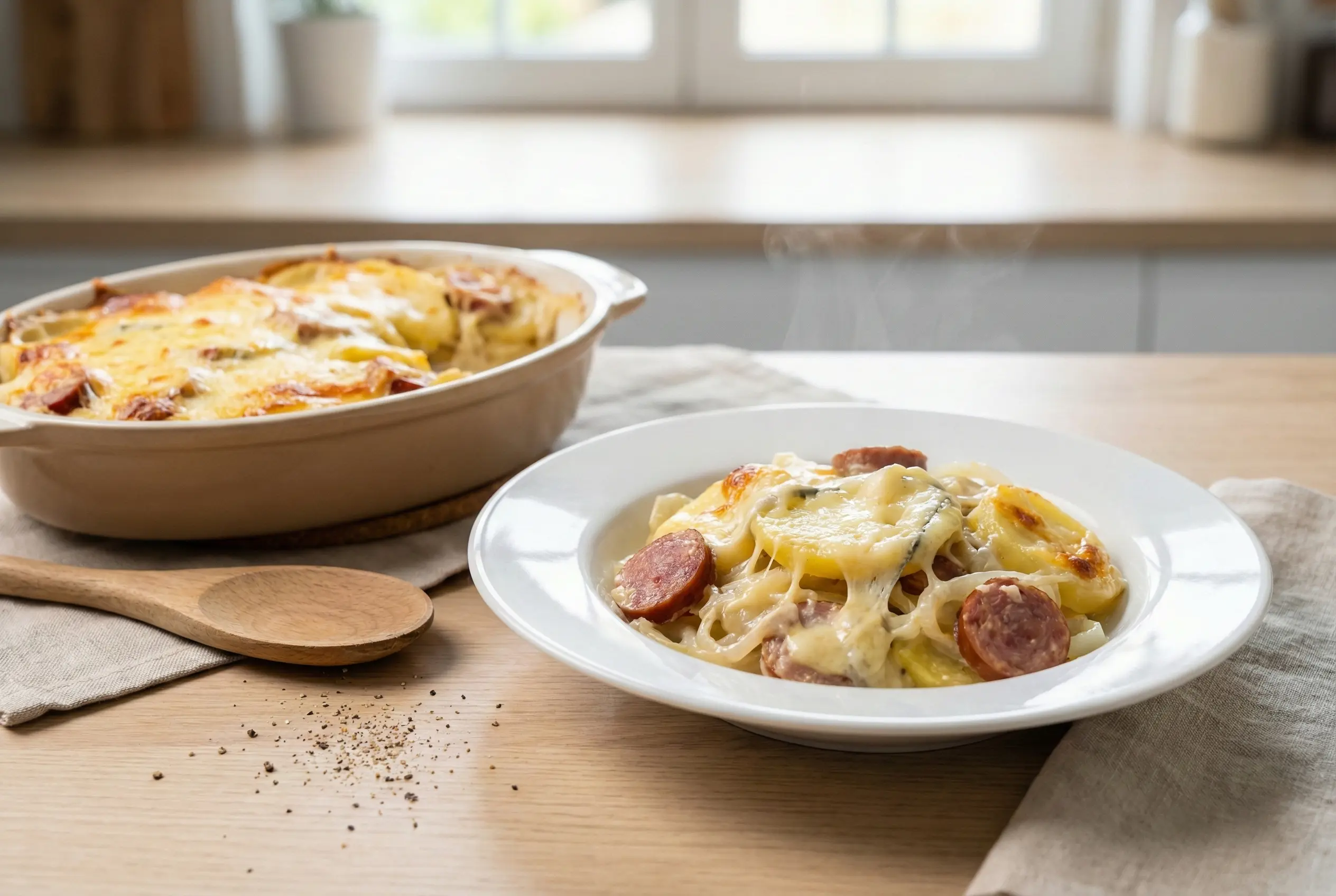 Gratin de Morbiflette doré et fumant sortant du four, posé sur une planche en bois avec décoration d'herbes fraîches et lumière naturelle.