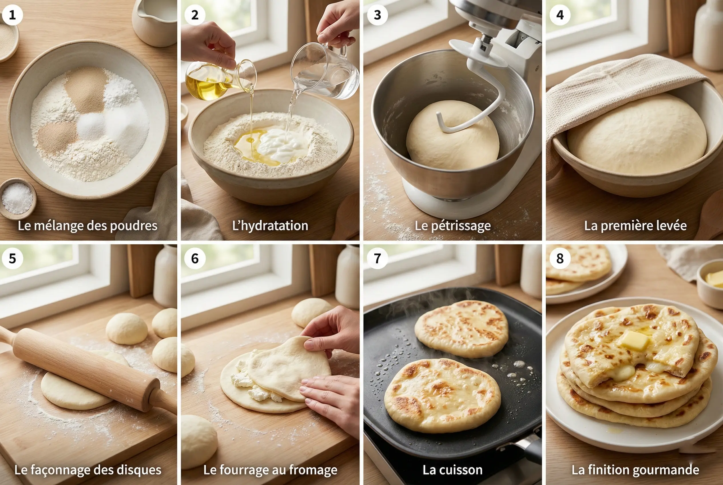 Etapes-Preparation-Naans-Moelleux-Fromage-Tuto Tutoriel étape par étape montrant la préparation des Naans Moelleux au Fromage : pétrissage de la pâte, levée, fourrage au fromage et cuisson à la poêle.