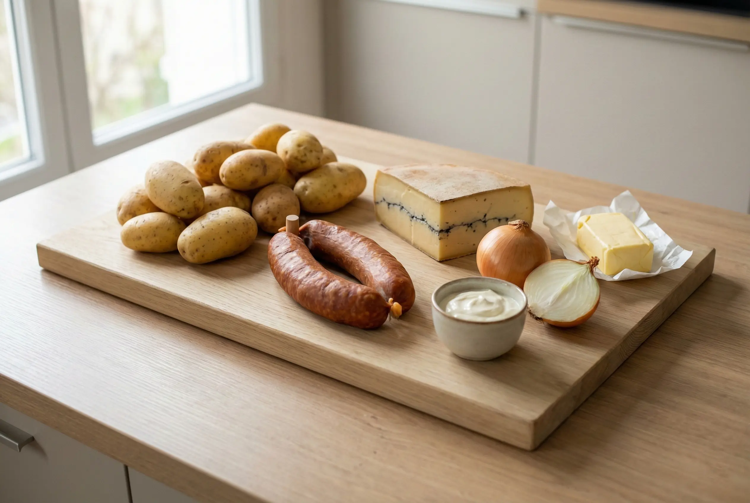 Ingrédients frais pour la recette de Morbiflette de Franche-Comté disposés sur une planche en bois : pommes de terre, saucisse de Morteau, fromage Morbier AOP, oignons, crème et beurre.