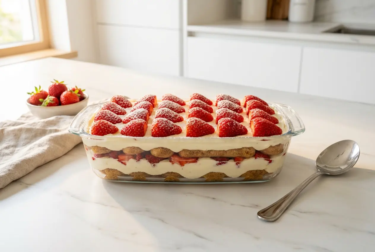 Charlotte aux fraises façon tiramisu dans un plat en verre transparent vue de dessus, décorée de fraises fraîches et sucre glace.