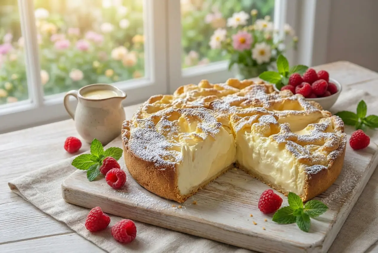 Le Gâteau Crémeux à la Vanille Tarte Nuage entier, haut et doré, saupoudré de sucre glace sur une grille de refroidissement.