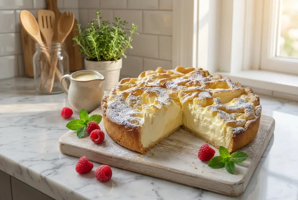 Le Gâteau Crémeux à la Vanille Tarte Nuage entier, haut et doré, saupoudré de sucre glace sur une grille de refroidissement.