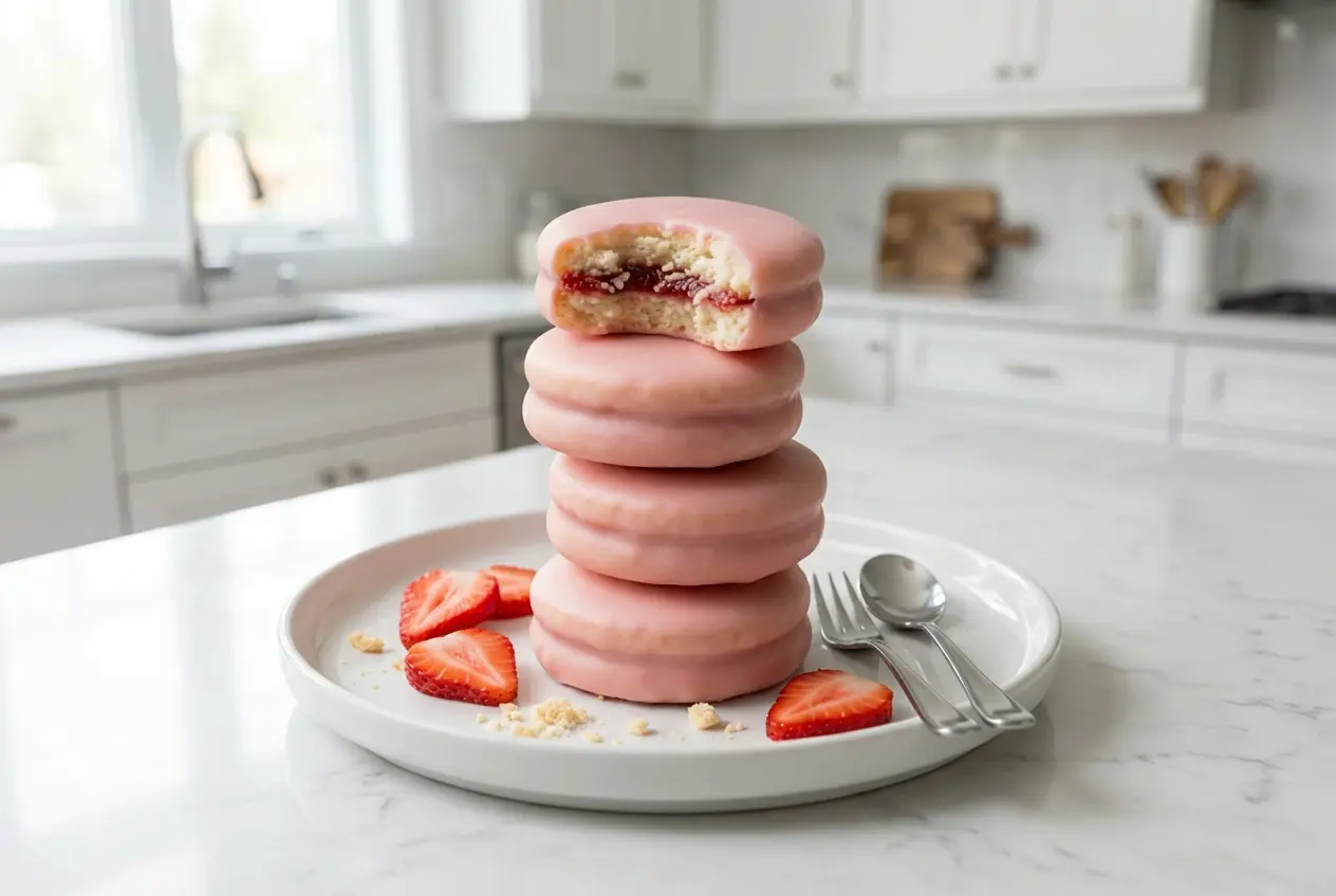 Napolitaines-ile-maurice-biscuit-rose-fondant Pile de biscuits Napolitaines de l’île Maurice au glaçage rose, avec un biscuit croqué montrant la texture sablée et le cœur de confiture.