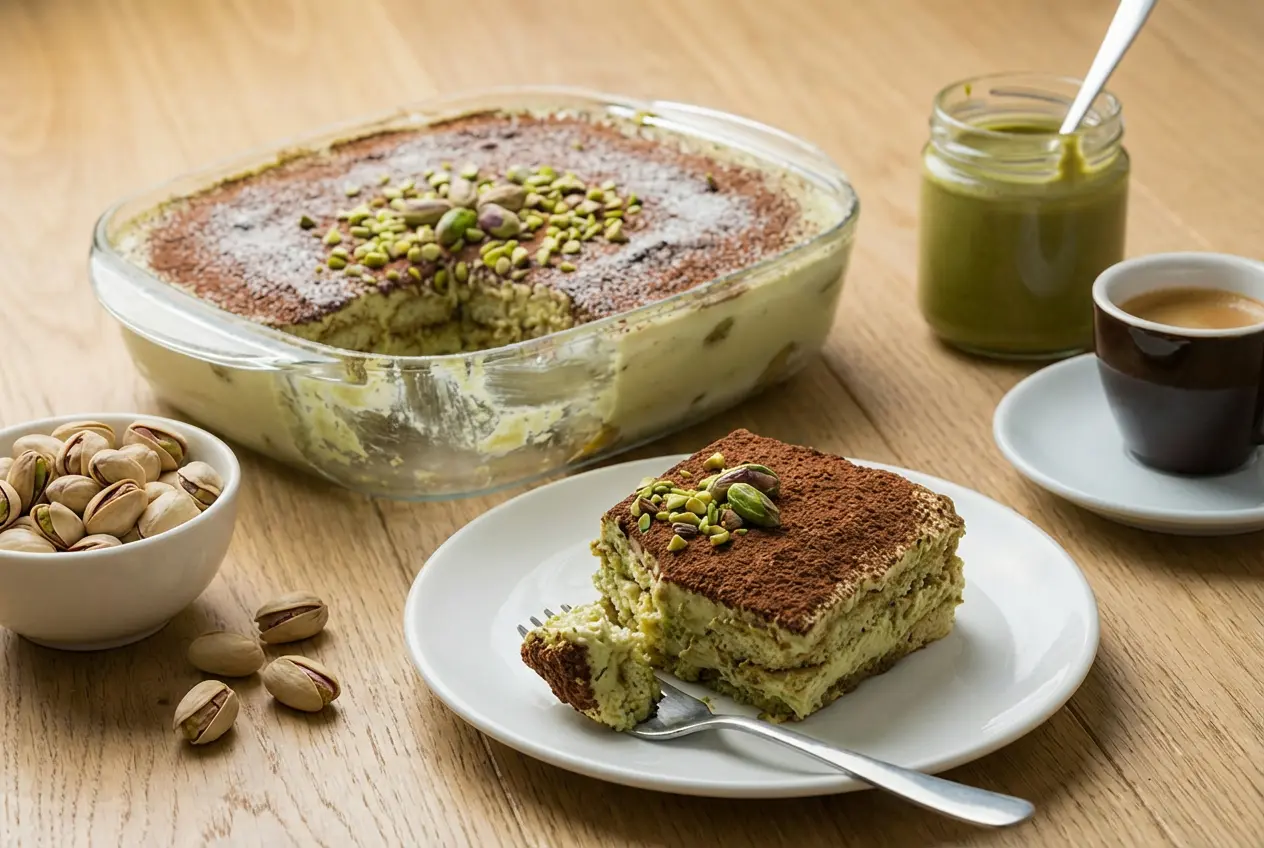 Resultat-Final-Tiramisu-Pistache Tiramisu à la Pistache entier et terminé dans un plat en verre, généreusement décoré de cacao en poudre et d'éclats de pistaches.