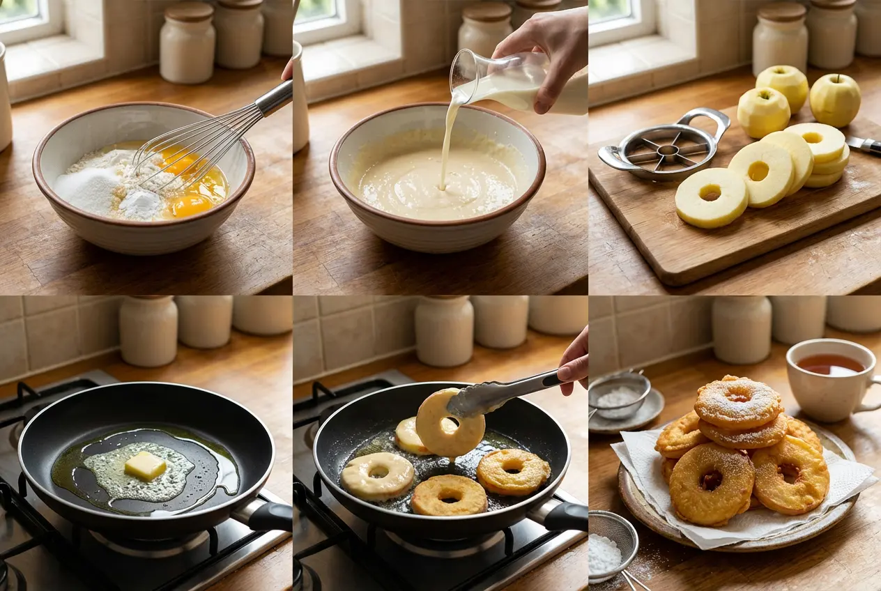 etapes-preparation-beignets-aux-pommes Guide visuel étape par étape montrant comment préparer les beignets aux pommes, de la préparation de la pâte à la cuisson des beignets dorés dans la poêle.