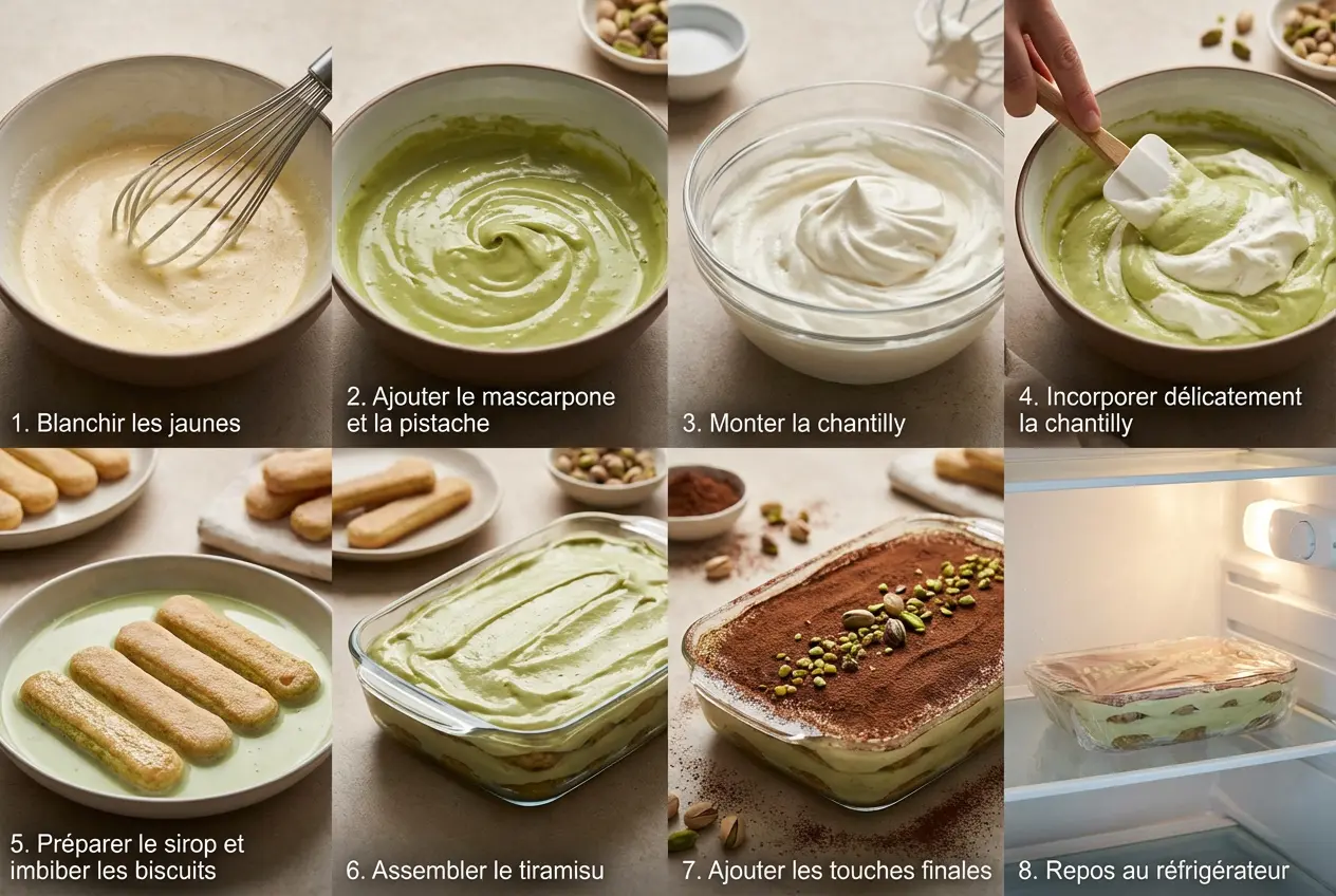 Etapes-Preparation-Tiramisu-Pistache Guide visuel des étapes de préparation du Tiramisu à la Pistache, de la réalisation de la crème à l'assemblage final du dessert.