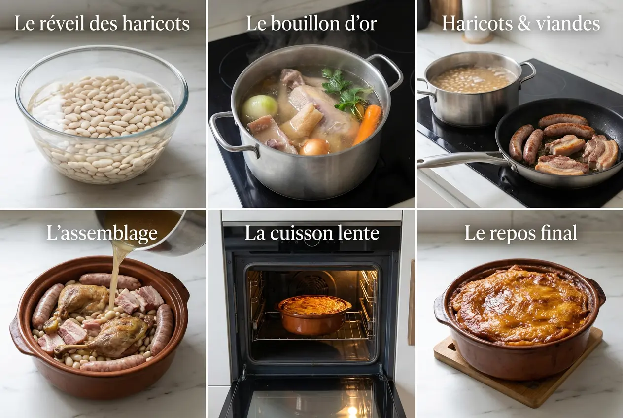 Étapes de préparation du cassoulet : trempage des haricots, cuisson du bouillon, dorage de la saucisse de Toulouse et assemblage dans la cassole en terre cuite.