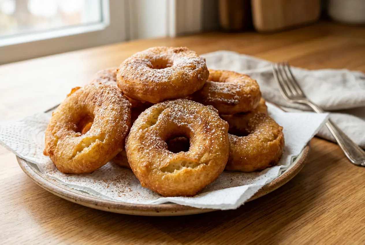presentation-moderne-beignets-aux-pommes Présentation moderne et élégante de beignets aux pommes servis sur une assiette en céramique avec des touches de cannelle, sur un plan de travail en marbre.