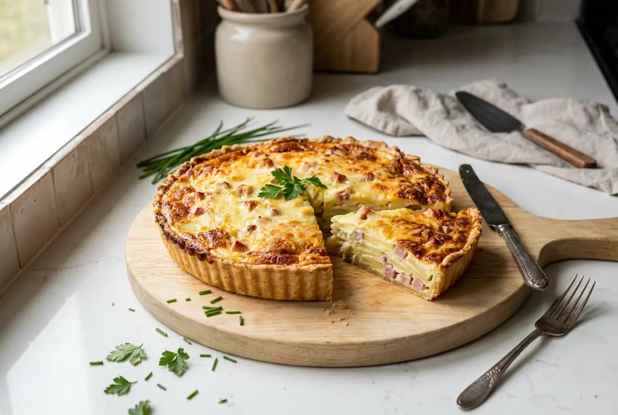 La quiche aux pommes de terre et jambon entière, dorée et appétissante, photographiée dans son moule à la sortie du four.