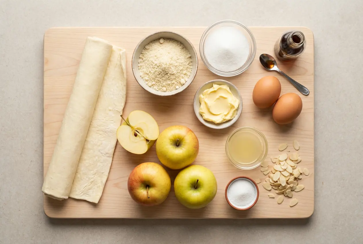 Ingrédients frais pour la recette de tarte aux pommes à la crème d'amande disposés sur une table : pommes, poudre d'amande, beurre, œufs et pâte.