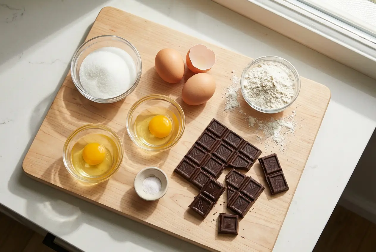 Ingrédients pour les barquettes au chocolat disposés sur une planche en bois : œufs, sucre, farine, sel et chocolat noir.