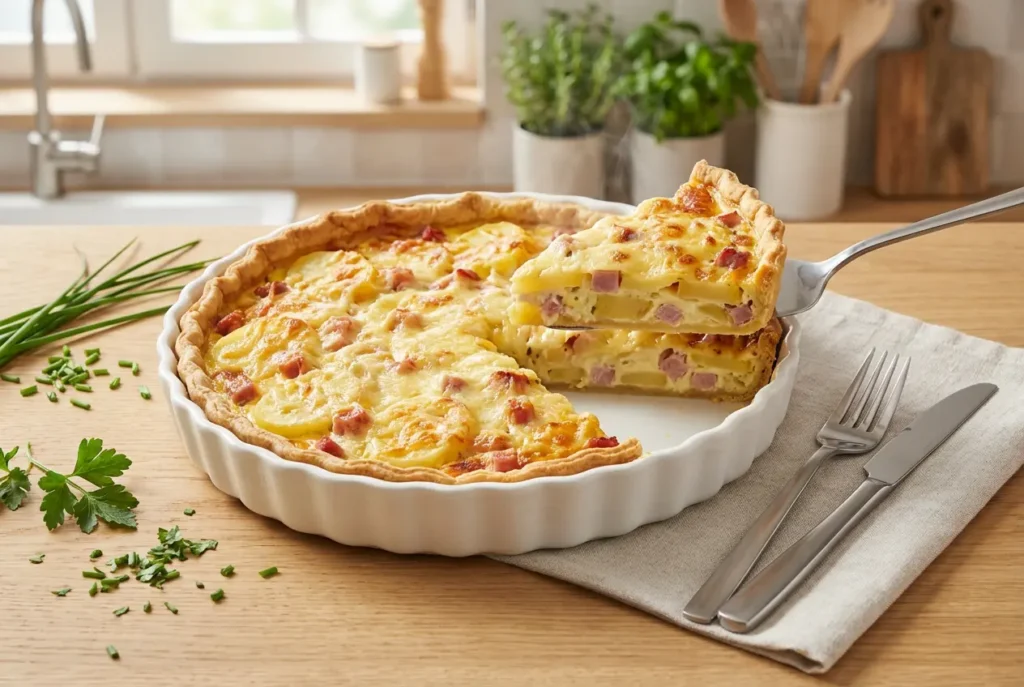 La quiche aux pommes de terre et jambon entière, dorée et appétissante, photographiée dans son moule à la sortie du four.