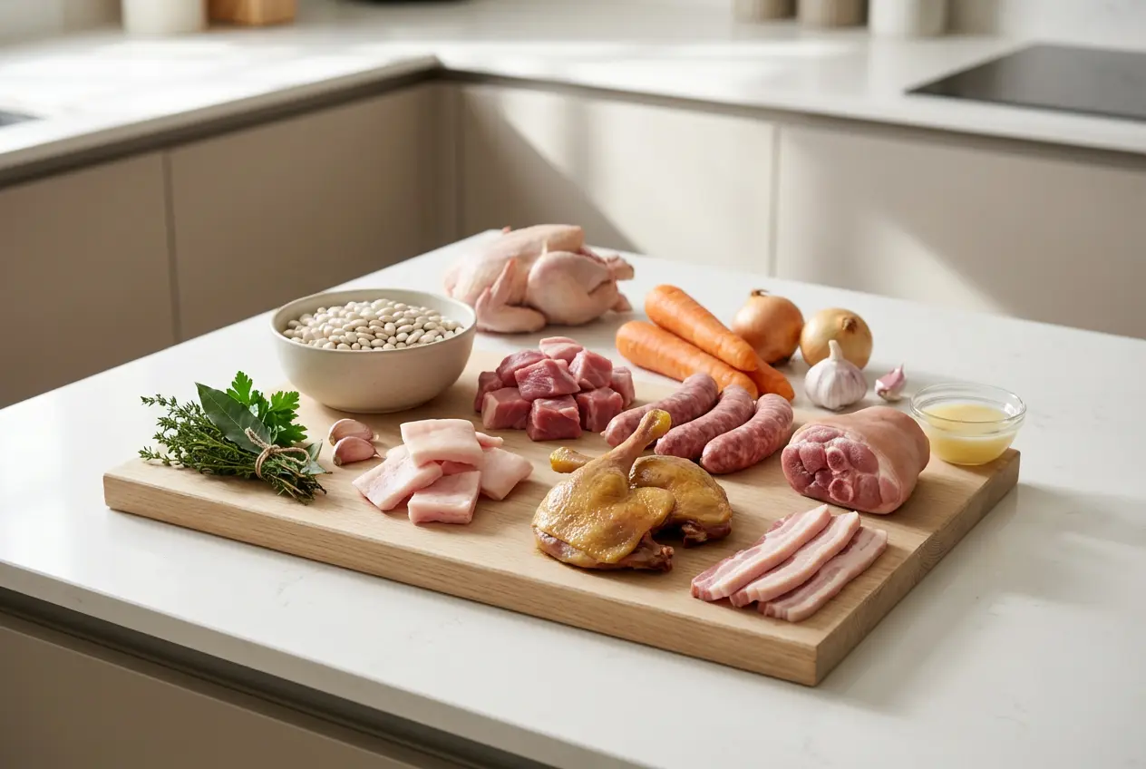 Ingrédients frais pour le cassoulet traditionnel de Castelnaudary : haricots lingots, saucisse de Toulouse, confit de canard, jarret de porc et légumes sur une table.