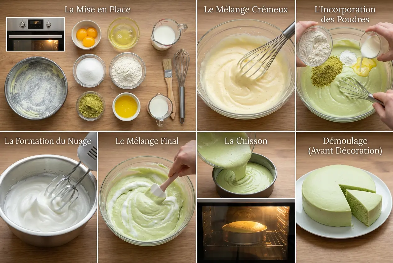 etapes-preparation-recette-gateau-pistache Étapes de préparation photo par photo de la recette du gâteau nuage à la pistache, du mélange des œufs à la cuisson au four.