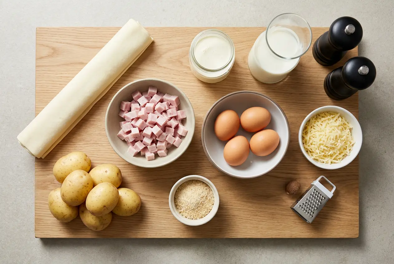 Ingrédients pour la quiche aux pommes de terre et jambon disposés en flat lay sur une planche en bois clair.