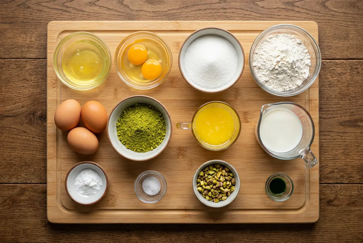 ingredients-gateau-nuage-pistache-vue-dessus Ingrédients pour le gâteau nuage à la pistache disposés sur une planche en bois : œufs, sucre, farine, poudre de pistache, beurre et lait.