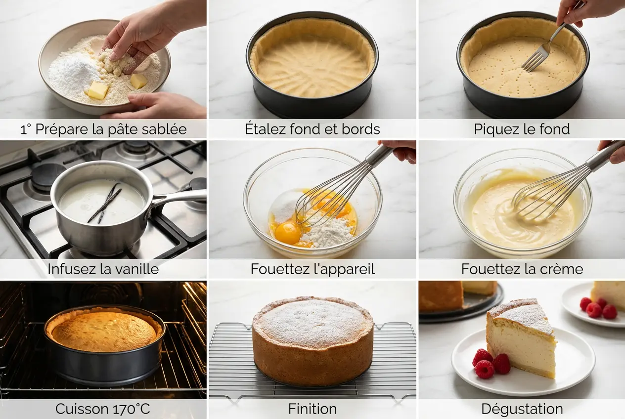 Collage photo en 9 étapes illustrant la préparation pas à pas du Gâteau Crémeux à la Vanille Tarte Nuage.