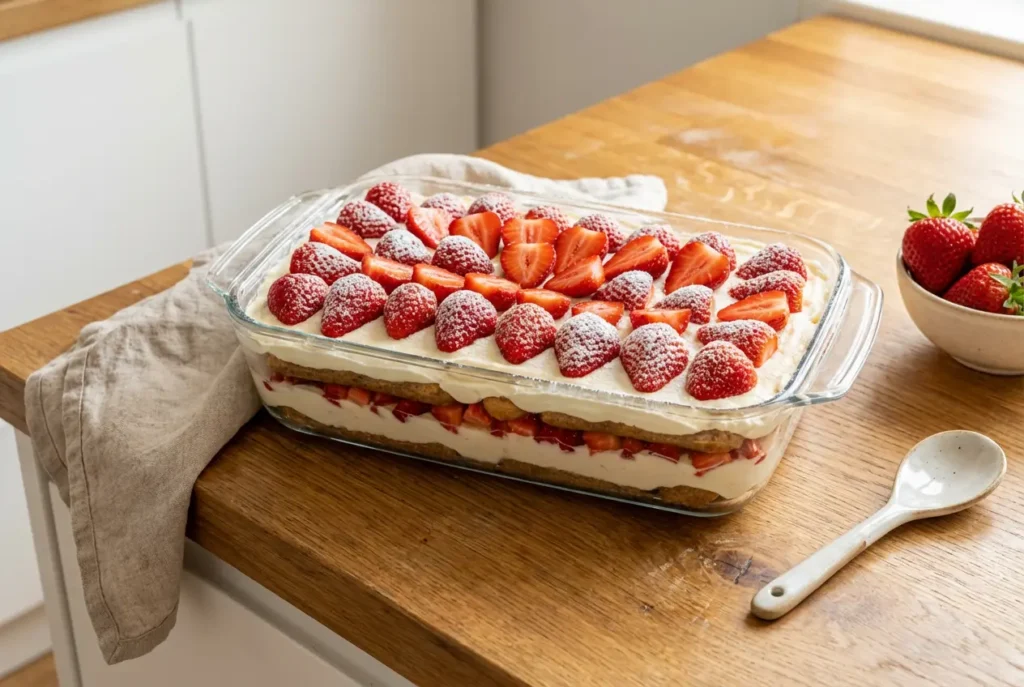Charlotte aux fraises façon tiramisu dans un plat en verre transparent vue de dessus, décorée de fraises fraîches et sucre glace.