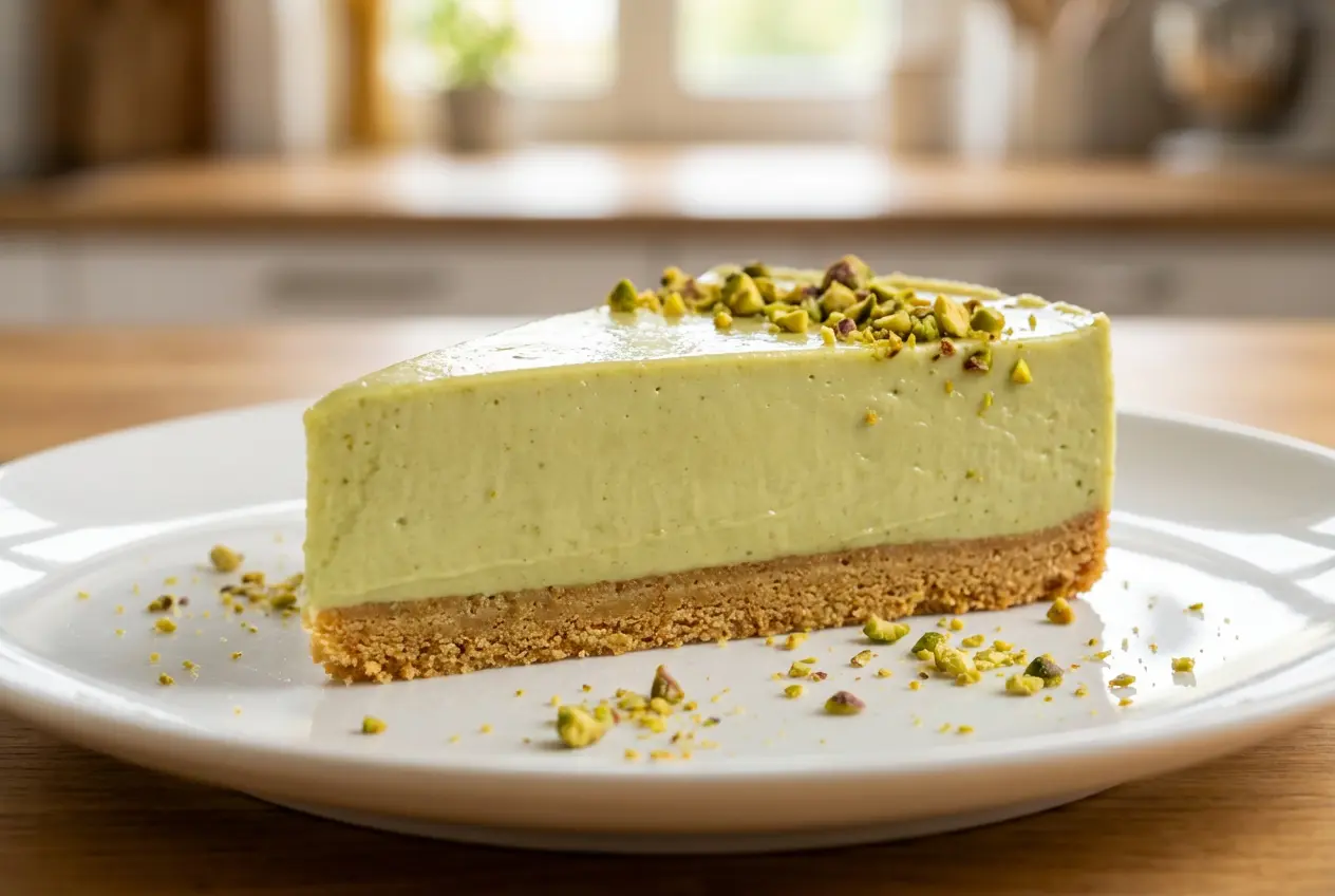 Flan-Pistache-Sans-Cuisson-Entier-Presentation Flan pistache sans cuisson entier démoulé sur assiette blanche avec décoration éclats de pistache