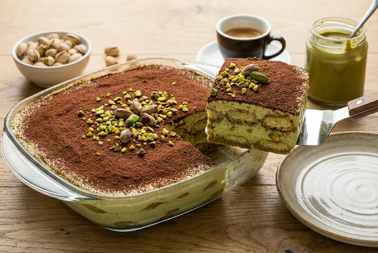 Tiramisu à la Pistache entier et terminé dans un plat en verre, généreusement décoré de cacao en poudre et d'éclats de pistaches.