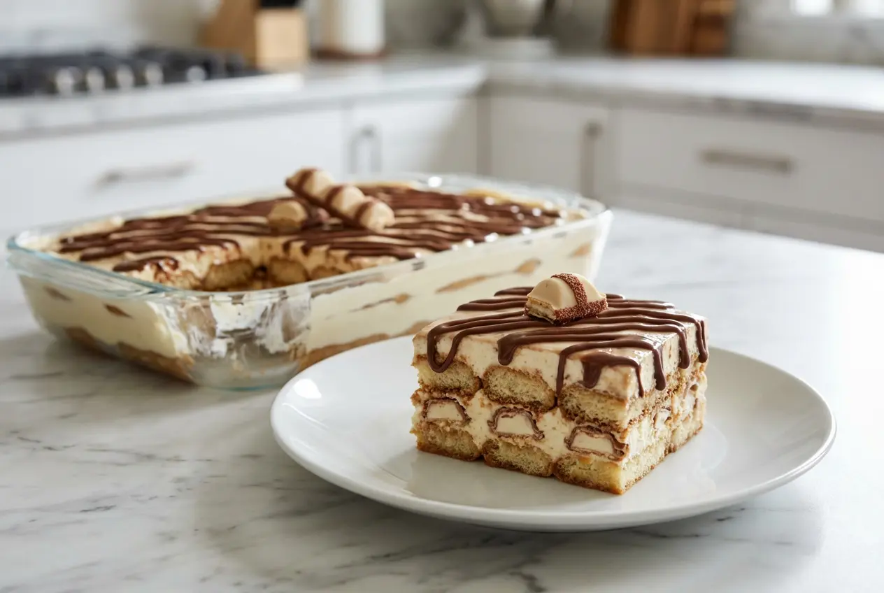 Tiramisu Kinder Bueno White terminé dans un plat en verre avec décoration marbrée au chocolat.