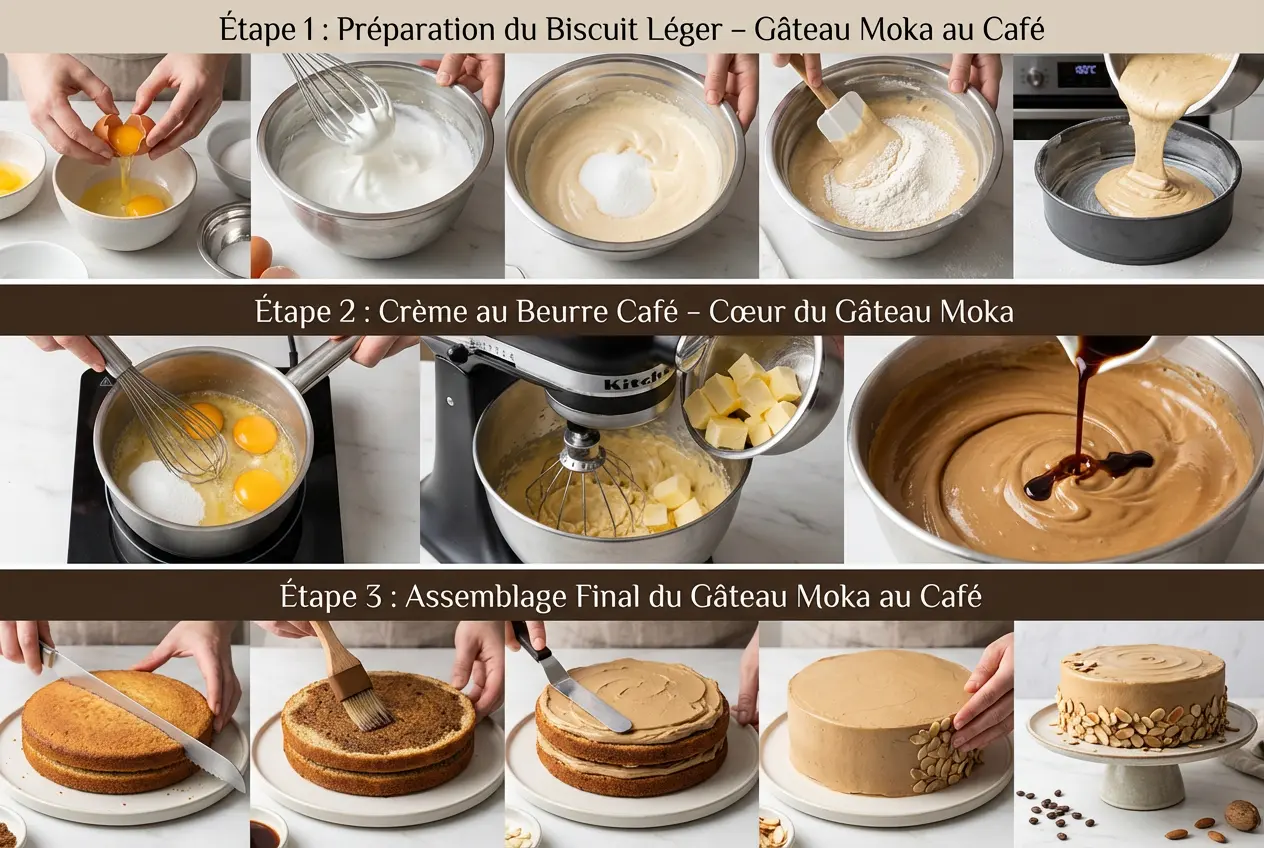 Collage photo en 3 étapes montrant la préparation de la génoise, de la crème au beurre café et l'assemblage du Gâteau Moka.