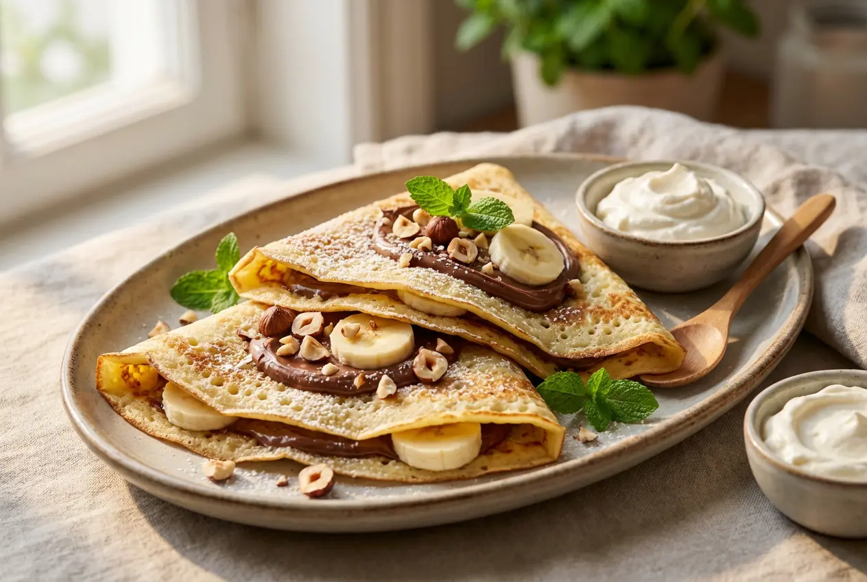 Deux crêpes moelleuses pliées en triangle et généreusement garnies de chocolat fondu, de rondelles de banane et de noisettes.