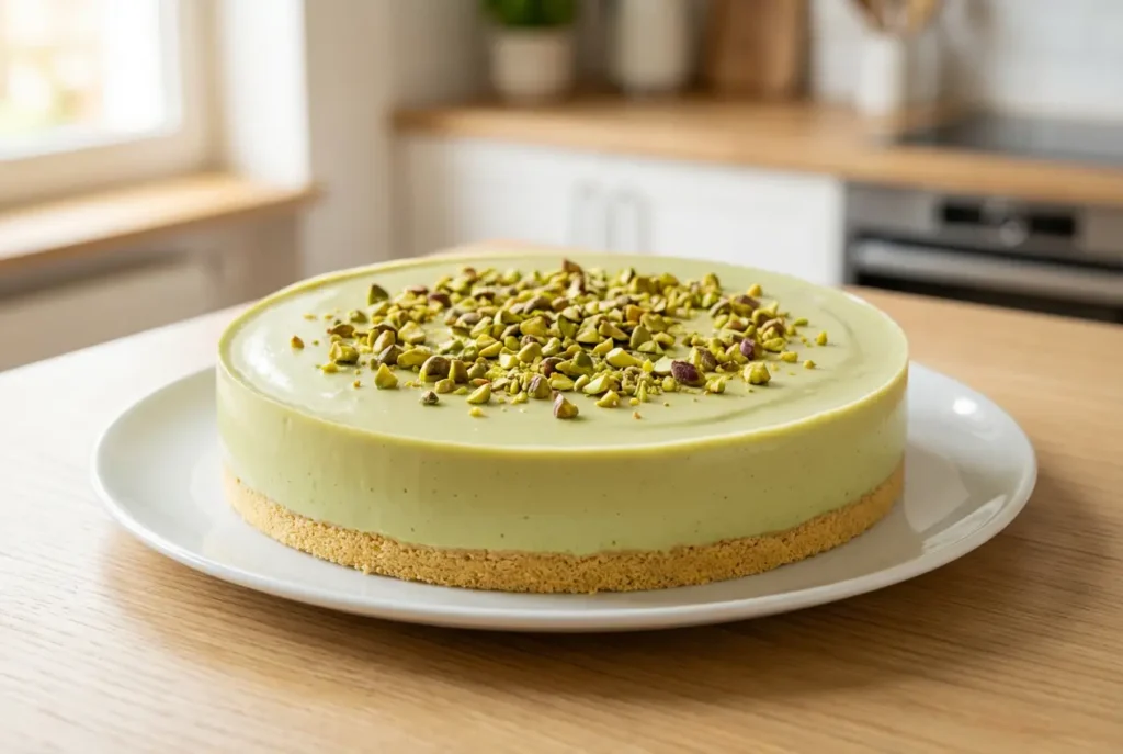 Flan pistache sans cuisson entier démoulé sur assiette blanche avec décoration éclats de pistache