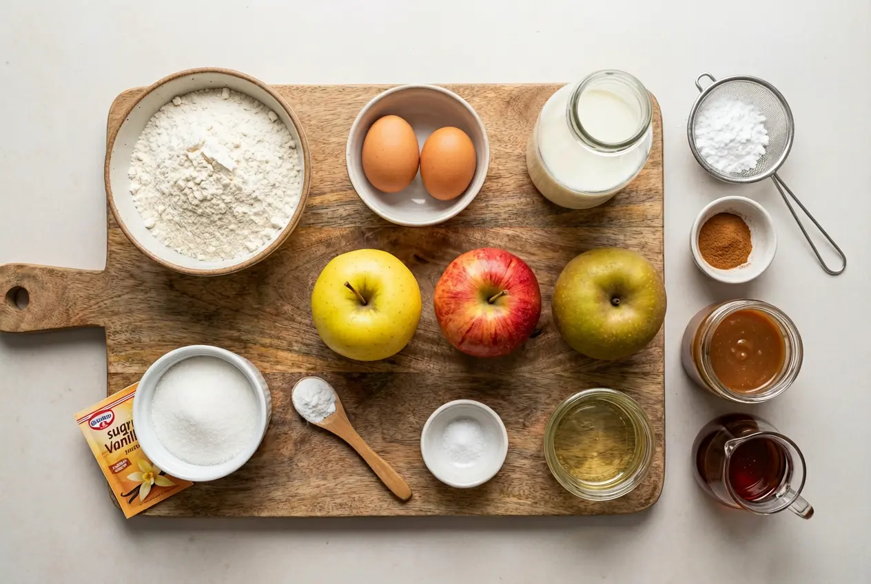 ingredients-beignets-aux-pommes-recette-facile Ingrédients pour la recette des beignets aux pommes à la poêle, disposés à plat sur une planche en bois rustique : pommes, farine, œufs, lait, sucre et cannelle.