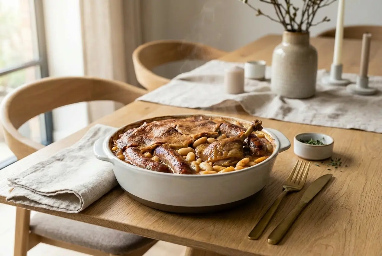Cassoulet traditionnel de Castelnaudary sortant du four dans sa cassole, avec une croûte dorée, une cuisse de canard confit et une saucisse de Toulouse bien grillée.