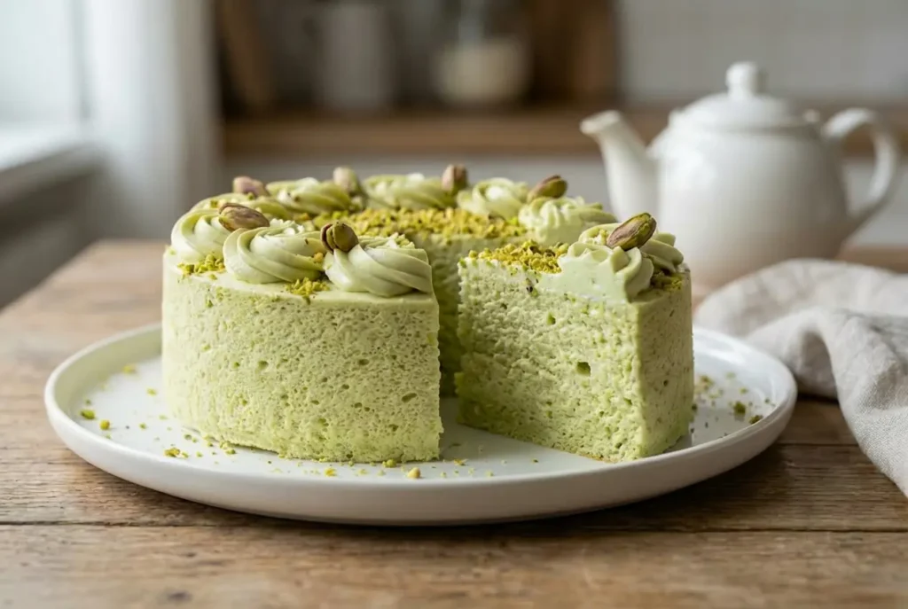 Gâteau nuage à la pistache entier décoré de rosaces de crème pistache et d'éclats de pistaches sur une assiette blanche.