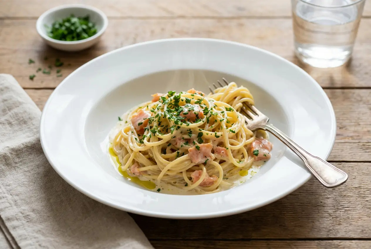 Spaghettis au Saumon Fumé Crémeux-4dab-4731-8479-9751d7834fd1 Plat final de spaghettis au saumon fumé servi dans une assiette creuse blanche élégante, garni de persil frais, avec de la vapeur s'élevant du plat.