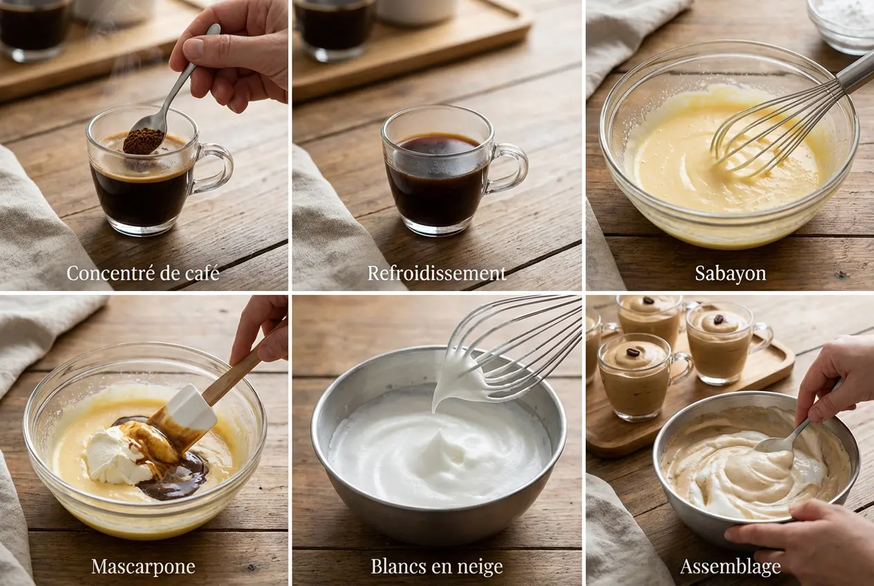 Préparation de la Mousse au Café Étape par Étape Tutoriel photo en 6 étapes montrant comment préparer une mousse au café, de la préparation du café à l'assemblage final dans les verrines.