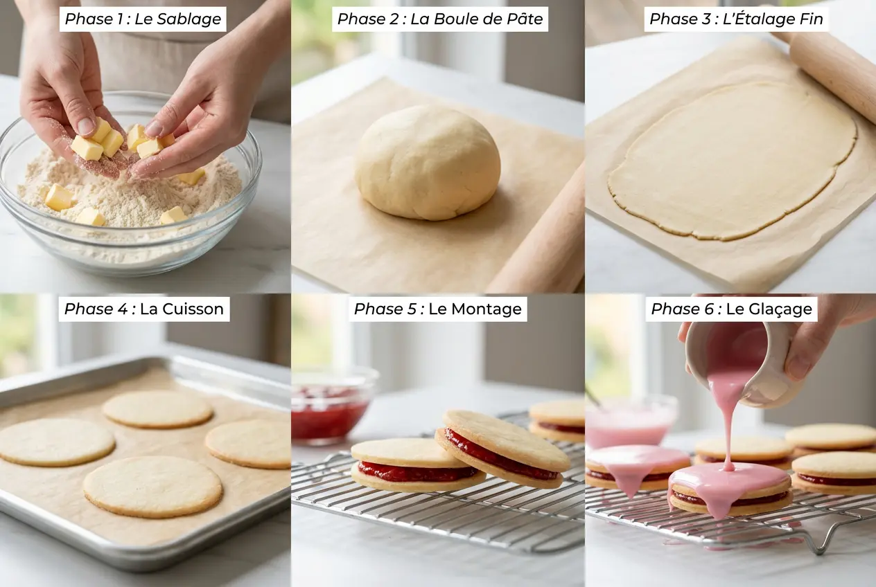 Etapes-preparation-napolitaines-maurice-tuto-photo Étapes de préparation des Napolitaines de l’île Maurice : sablage de la pâte, étalage, cuisson douce, montage à la confiture et glaçage rose.
