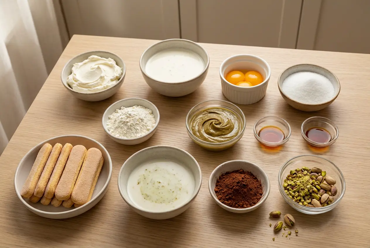 Ingredients-Recette-Tiramisu-Pistache Ingrédients pour le Tiramisu à la Pistache disposés en flat lay sur une table en bois clair : mascarpone, œufs, pistaches, biscuits.