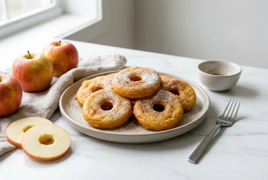 Présentation moderne et élégante de beignets aux pommes servis sur une assiette en céramique avec des touches de cannelle, sur un plan de travail en marbre.