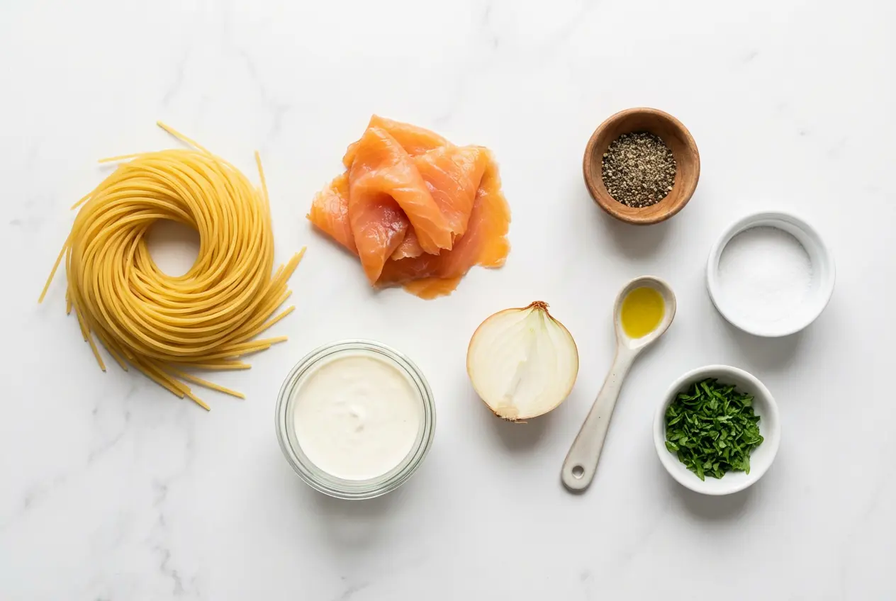 Ingrédients pour Spaghettis au Saumon Fumé ngrédients pour la recette des spaghettis au saumon fumé soigneusement disposés sur un plan de travail en marbre clair, vue de dessus.