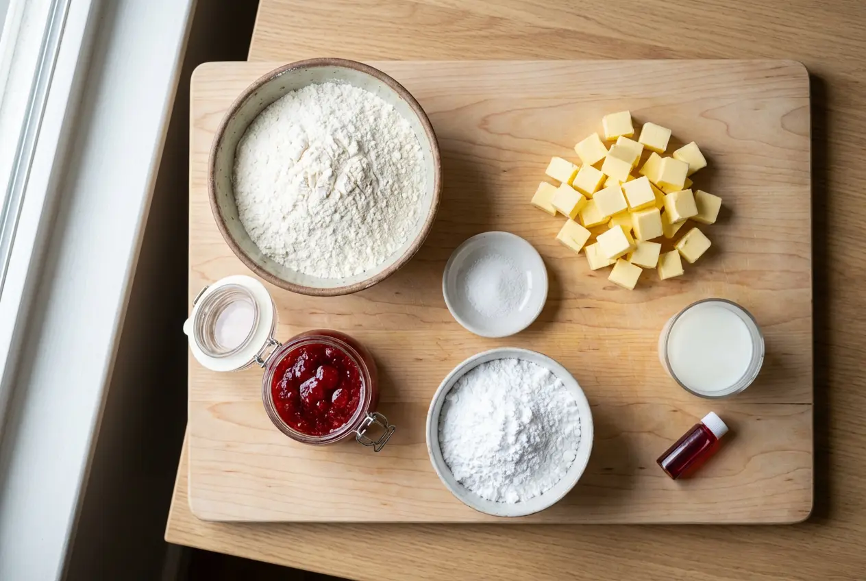Ingredients-napolitaines-ile-maurice-recette-facile Ingrédients pour la recette des Napolitaines de l’île Maurice disposés sur une planche en bois : farine, beurre, sucre glace, confiture et colorant rouge.