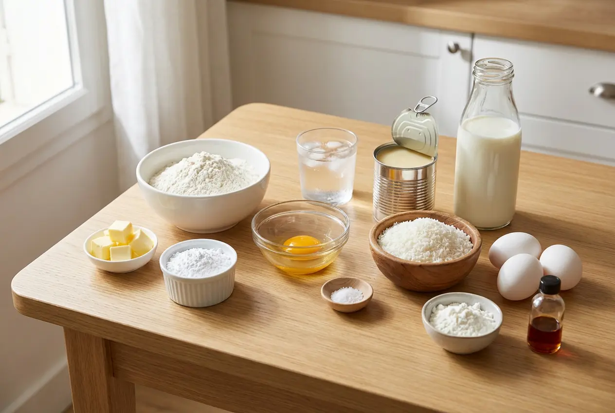 Ingrédients Tarte au Flan Coco Ingrédients pour la recette de la Tarte au Flan Coco disposés sur une table en bois clair : farine, beurre, œufs, lait, et noix de coco râpée.