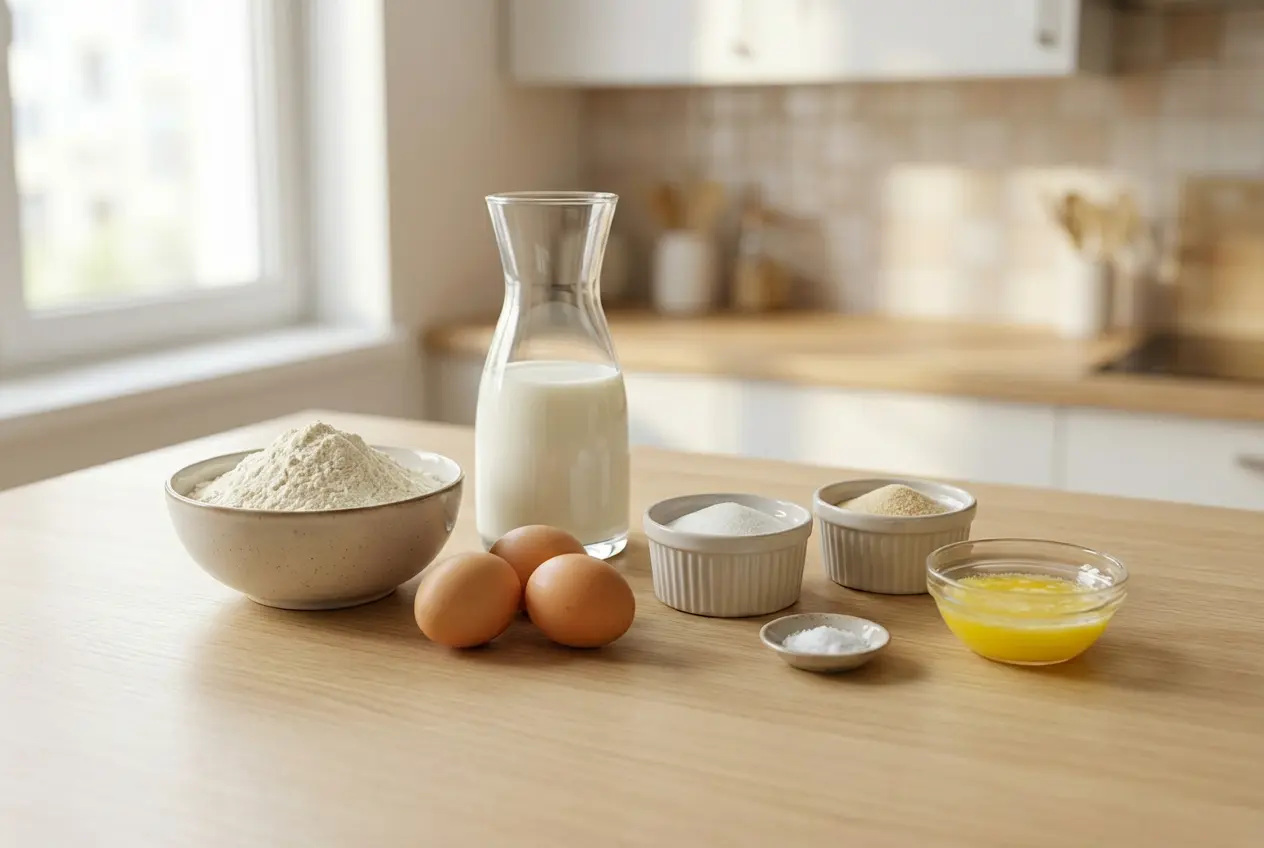 Ingrédients pour la recette de crêpes moelleuses disposés sur un plan de travail en bois clair : farine, œufs, lait, sucre et beurre.