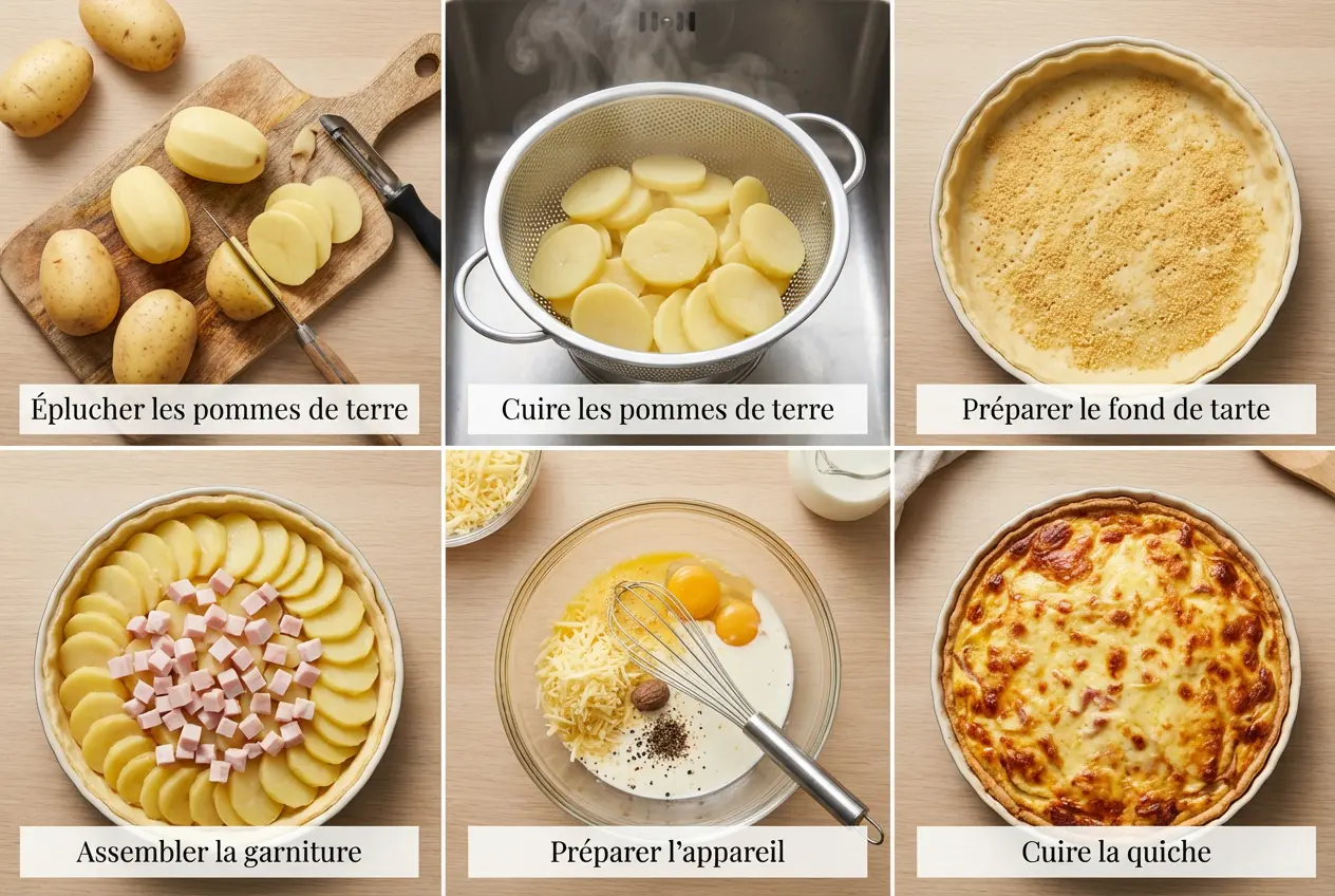 Guide visuel en 6 étapes pour préparer la quiche aux pommes de terre et jambon, de la préparation des ingrédients à la cuisson.