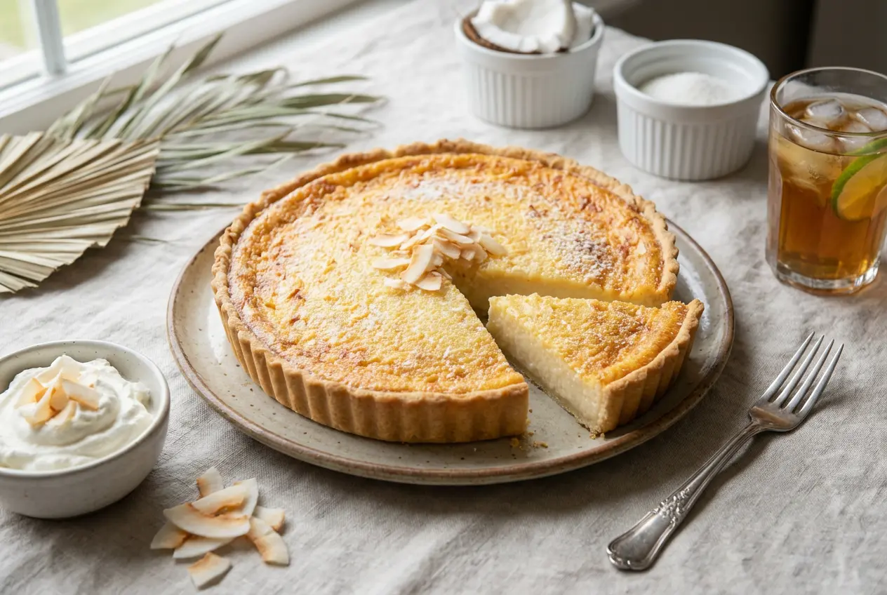 Magnifique Tarte au Flan Coco entière, dorée et brillante, présentée sur un plat de service élégant, prête à être dégustée.