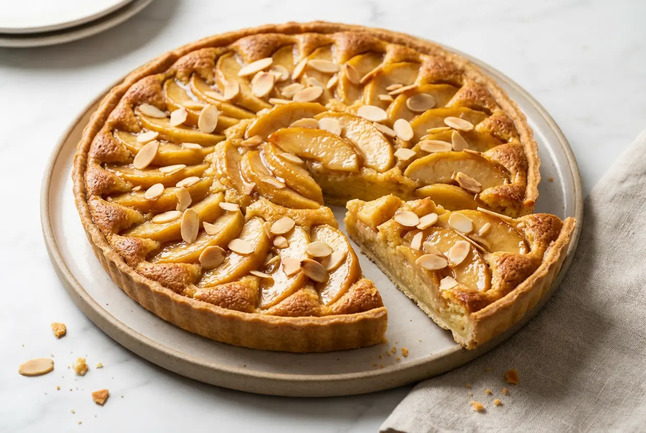 Tarte aux pommes à la crème d'amande fraîchement cuite posée sur une table en bois rustique avec une part découpée.