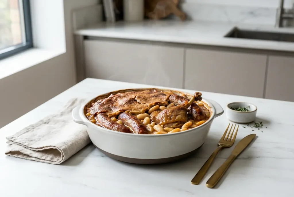 Cassoulet traditionnel de Castelnaudary sortant du four dans sa cassole, avec une croûte dorée, une cuisse de canard confit et une saucisse de Toulouse bien grillée.
