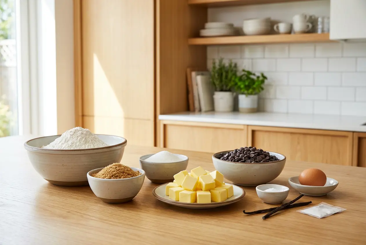 Ingrrédients pour cookies au chocolat disposés sur une table en bois clair : farine, sucres, beurre en cubes, œuf, et pépites de chocolat dans des bols.