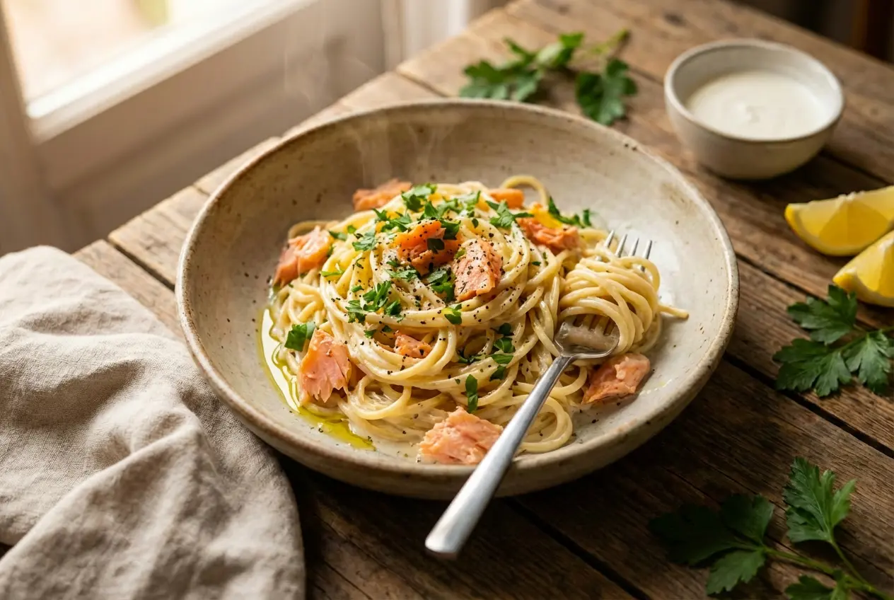 Plat final de spaghettis au saumon fumé servi dans une assiette creuse blanche élégante, garni de persil frais, avec de la vapeur s'élevant du plat.